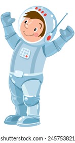 Children vector illustration of funny boy cosmonaut or astronaut with his hands up