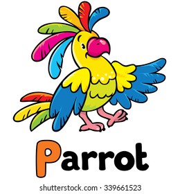 Children vector illustration of funny bright parrot. Alphabet P