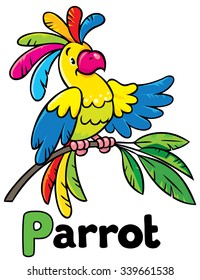Children vector illustration of funny bright parrot on the branch. Alphabet P.