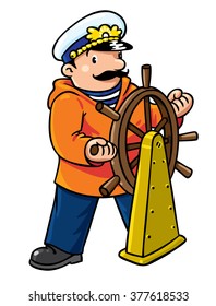 Children vector illustration of funny captain or sailor, or yachtsman in coat, at the helm. Profession series.