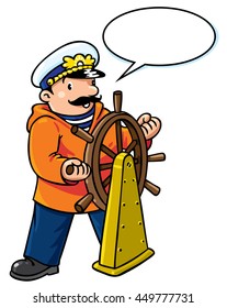 Children vector illustration of funny captain or sailor, or yachtsman in coat, at the helm. Profession series. With balloon for text