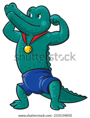 Children vector illustration of funny crocodile-winner with medal