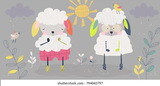 Children vector illustration. Funny cute two white sheep wearing in cozy casual and glasses in the spring time. Set of graphic elements for kids. Cartoon hand drawn lamb. Greeting card, wrap, fabric.