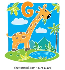 Children vector illustration of funny giraffe eating green leafs. Alphabet G