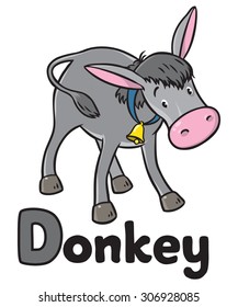 Children vector illustration of funny gray donkey with golden bell on blue stripe on his neck. Alphabet D