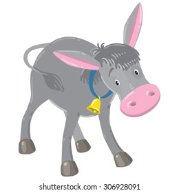 Children vector illustration of funny gray donkey with golden bell on blue stripe on his neck