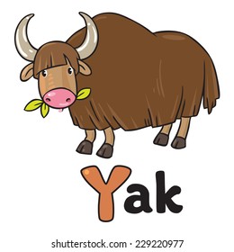 Children vector illustration of funny grazing wild yak. Alphabet Y