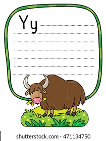 Children vector illustration of funny grazing wild yak. Alphabet Y. Including frame with dotted lines and place for writing