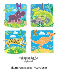 Children vector illustration of funny hippo, iguana, jaguar and kangaroo.  Animals zoo alphabet or ABC.