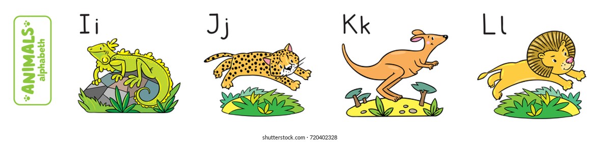 Children vector illustration of funny iguana, jaguar, kangaroo and lion. Animals zoo alphabet or ABC.