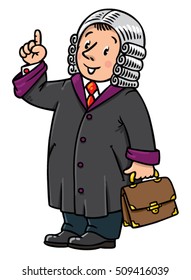 Children Vector Illustration Of Funny Judge. A Man In Barrister Wig, Dressed In Mantle, With Briefcase Understand Thumbs Up. Profession Series.