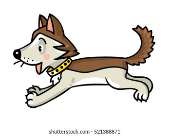 Children vector illustration of funny jumping little happy husky dog or puppy.