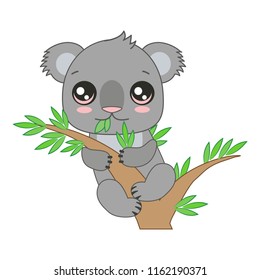 Children Vector Illustration Of Funny Koala Bear On Eucaliptus Tree. Funny Baby Koala Hanging On The Bamboo. Cartoon Vector Illustration.