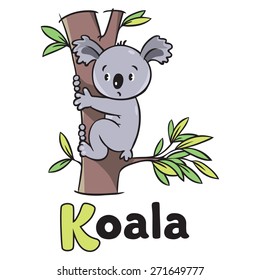 Children vector illustration of funny koala bear on eucaliptus tree. Alphabet K