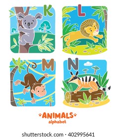 Children vector illustration of funny koala, numbat, monkey and lion.  Animals zoo alphabet or ABC.