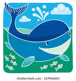 Children vector illustration of funny little whale in the sea.