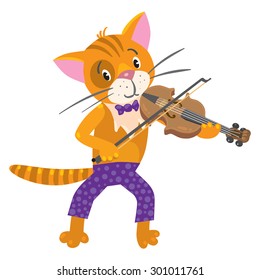 Children vector illustration of funny little cat or kitten in violet tie and pants plays the violin