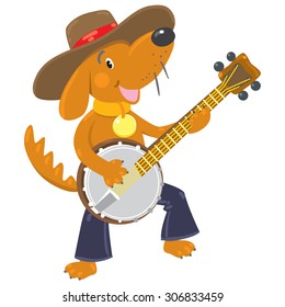 Children vector illustration of funny little brown dog or puppy in blue jeans and hat plays the banjo