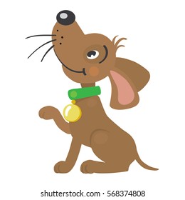 Children Vector Illustration Of Funny Little Sitting Puppy Dog Raised His Front Paw And Looking Up