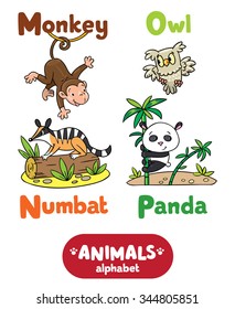 Children vector illustration of funny monkey, numbat, owl and panda.  Animals zoo alphabet or ABC.