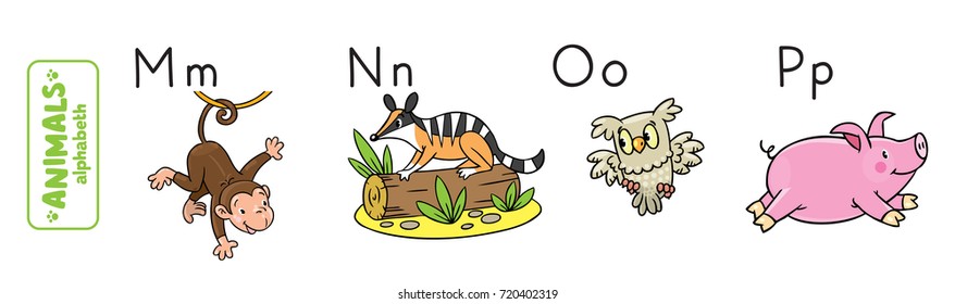 Children vector illustration of funny monkey, numbat, owl and panda. Animals zoo alphabet or ABC.