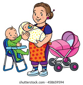 Children vector illustration of funny mother or nanny with a baby and another on the highchair near the stoller. Profession ABC series.