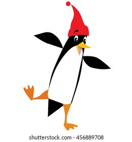 Children vector illustration of funny penguin in beanie or cap with pompom or bobble, standing on one leg