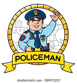 Children vector illustration of funny policeman in uniform waving by hand. Profession series. 