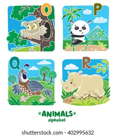 Children vector illustration of funny quail, rhino, owl and panda.  Animals zoo alphabet or ABC.