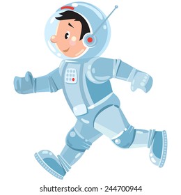 Children vector illustration of funny running boy cosmonaut or astronaut