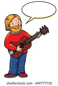 Children vector illustration of funny smiling musician or guitarist or artist with guitar. Profession series. With balloon for text.