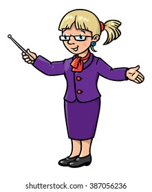 Children vector illustration of of funny teacher with the pointer in a violet suit. Profession series. 