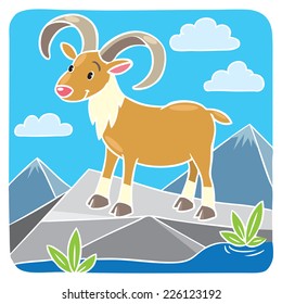 Children vector illustration of funny urial on rock. Greeting card.