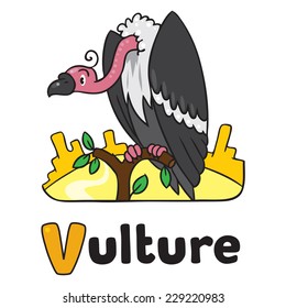 Children vector illustration of funny vulture sitting high on a branch above the Prairie. Alphabet V