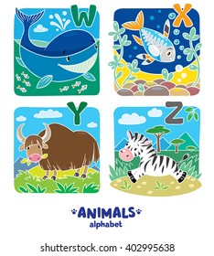 Children vector illustration of funny whale, x-ray fish, yak and zebra.  Animals zoo alphabet or ABC.