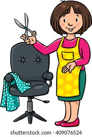 Children vector illustration of funny woman hairdresser with scissors near the barber chair. Profession ABC series. 