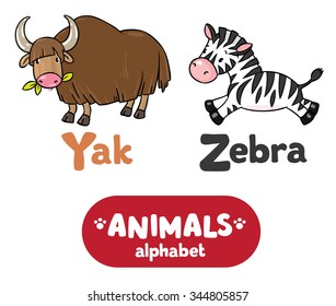 Children vector illustration of funny yak and zebra.  Animals zoo alphabet or ABC.
