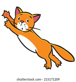 Children vector illustration of jumping surprised little red cat or kitten.
