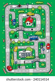 Children vector illustration of labyrinth of roads, grass areas, byilding and cars