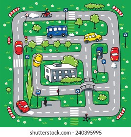 Children vector illustration of labyrinth of roads, grass areas, building and cars