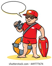 Children vector illustration of lifegueard with equipment on the beach. Profession series. With balloon for text.