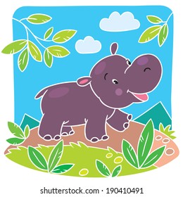 Children vector illustration of little fun hippo running down the road