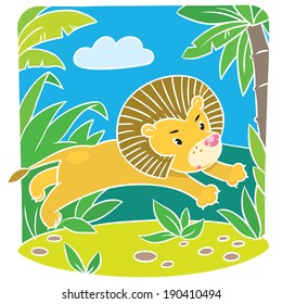Children vector illustration of little fun lion jumping out of the jungle