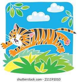 Children vector illustration of little fun tiger jumping out of the jungle
