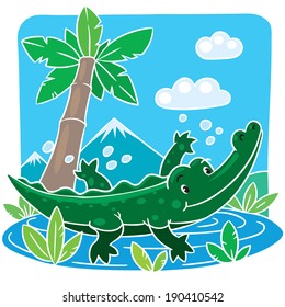 Children vector illustration of little funny crocodile (alligator) swims in the lake.