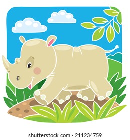 Children vector illustration of little funny rhino, running down the road