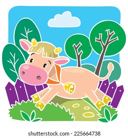 Children vector illustration of little funny cow or calf running along the path