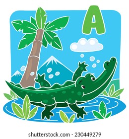 Children vector illustration of little funny crocodile or alligator swims in the lake. Alphabet A