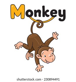 Children vector illustration of little funny monkey on lians. Alphabet M