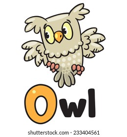 Children vector illustration of little funny owl sitting on the branch of an oak tree. Alphabet O